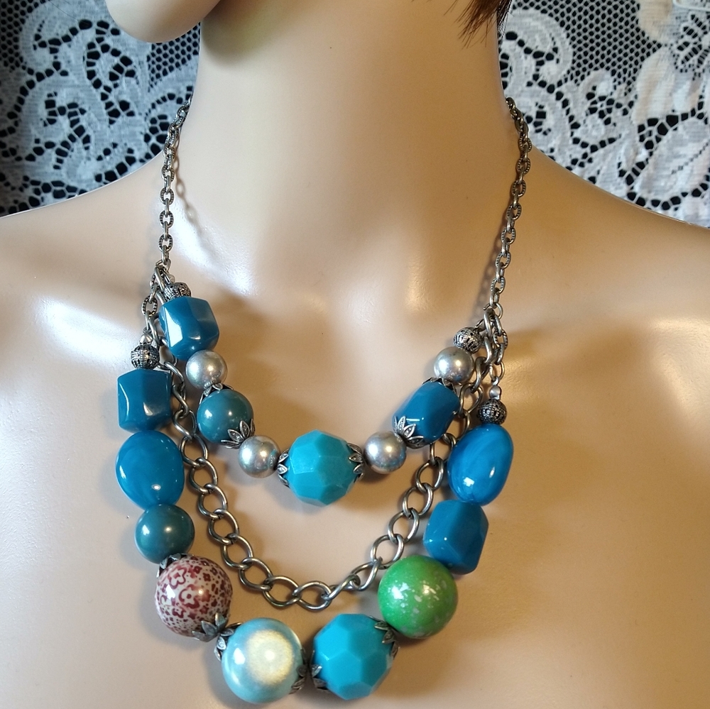 Silver color chain necklace 3 tier 18 - 21 inch multi colored and shaped beads